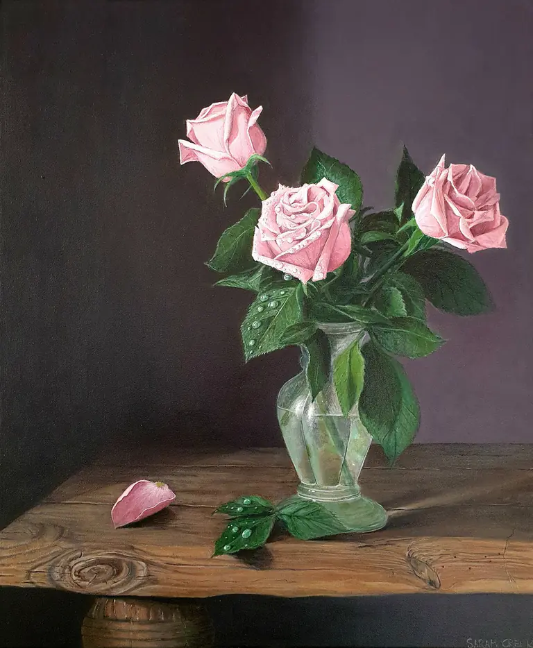 Roze rozen, Still life with pink roses on a monastery table, black floating frame included.