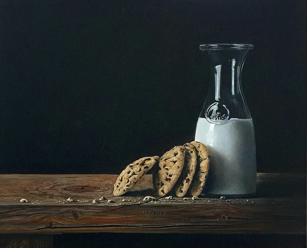 Milk and Cookies, Tafereel met een fles melk en chocolade koekjes