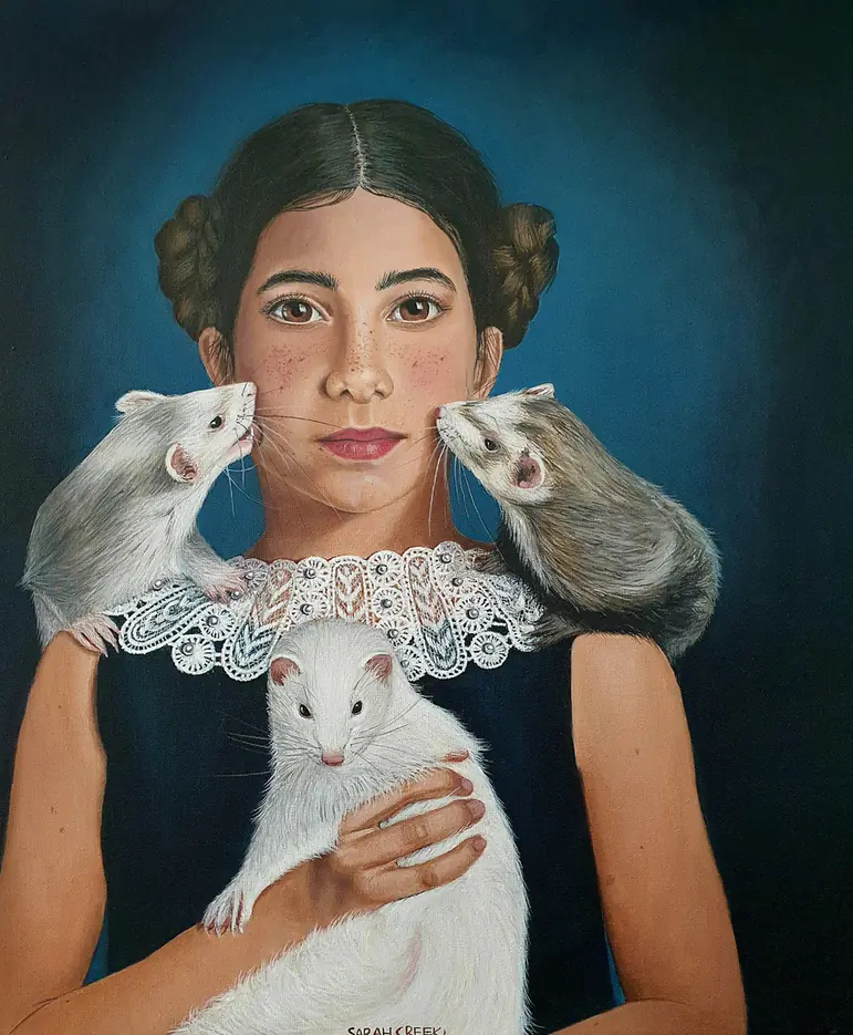 Kusje, Portrait of a girl with 3 ferrets