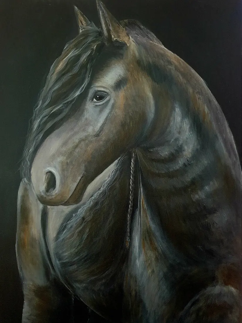 Tjerk, Portrait of Tjerk, a Friesian horse. Painted in acrylic. Varnished and finished with a vintage silver floating frame.