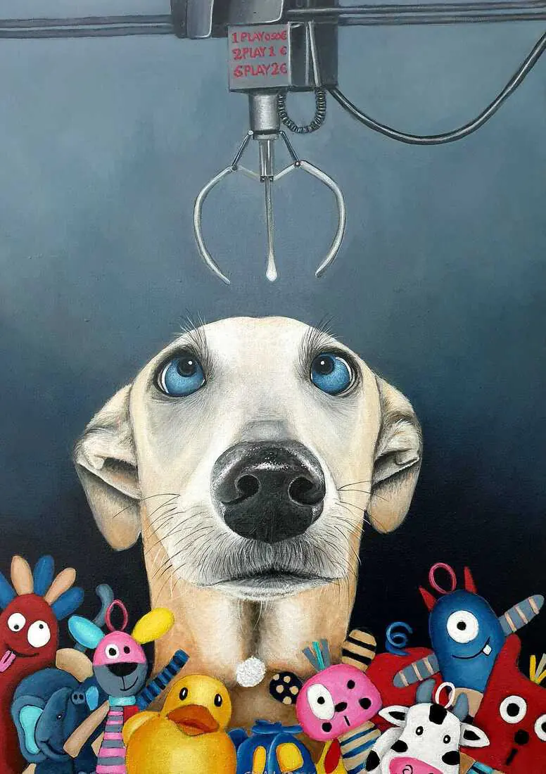 Stuck in the grabmachine, A whippet in a claw machine at the funfair