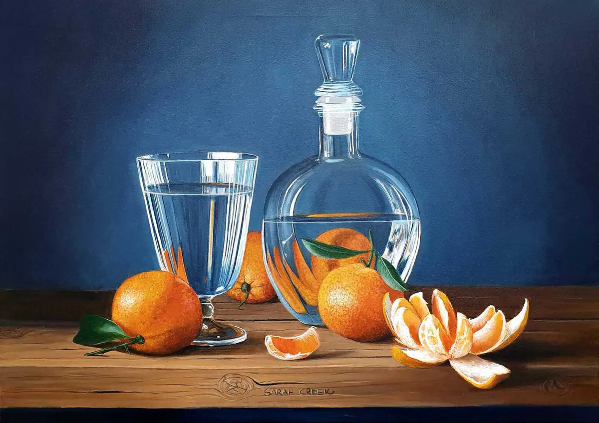 Reflectons of an orange, Still life with carafe and oranges