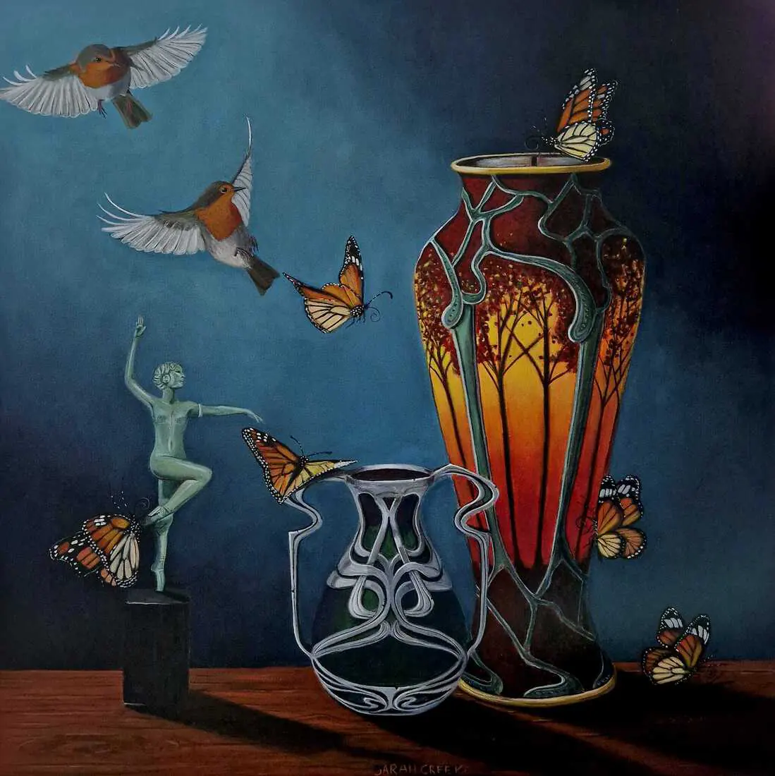 Escape of the Monarch, Stilleven met Art Nouveau vazen en vlinders