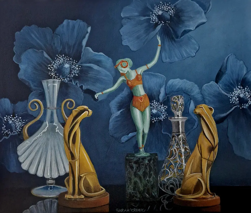 Dancing the blue poppy, Still life with dancing girl