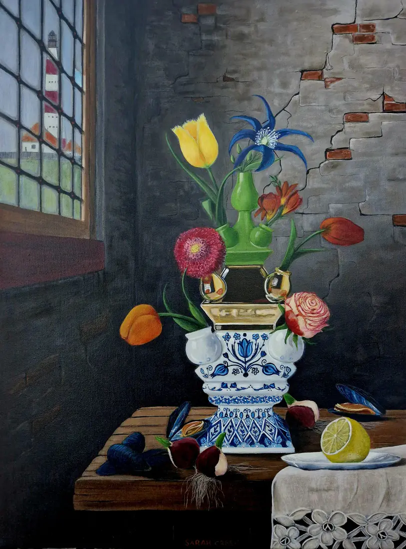 Lighthouse castle, Still life with tulip vase in a floating frame