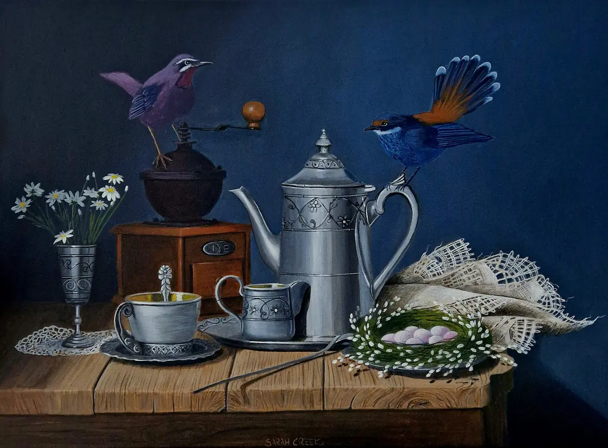 Spring coffee, Still life with coffee pot, including a grey/blue floating frame.