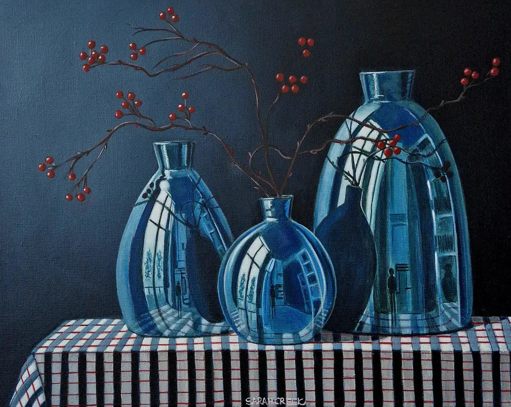 On the blue striped tablecloth, Stilleven met blauw glas