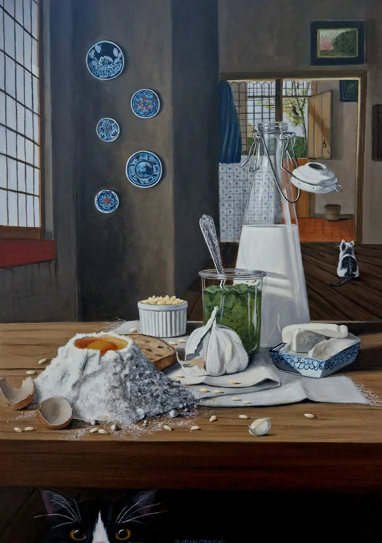 Pasta from Holland, Still life with pasta ingredients, inspired by Vermeer. Awarded third prize at the Zwolse Vermeer, organised by Busch en van der Worp.