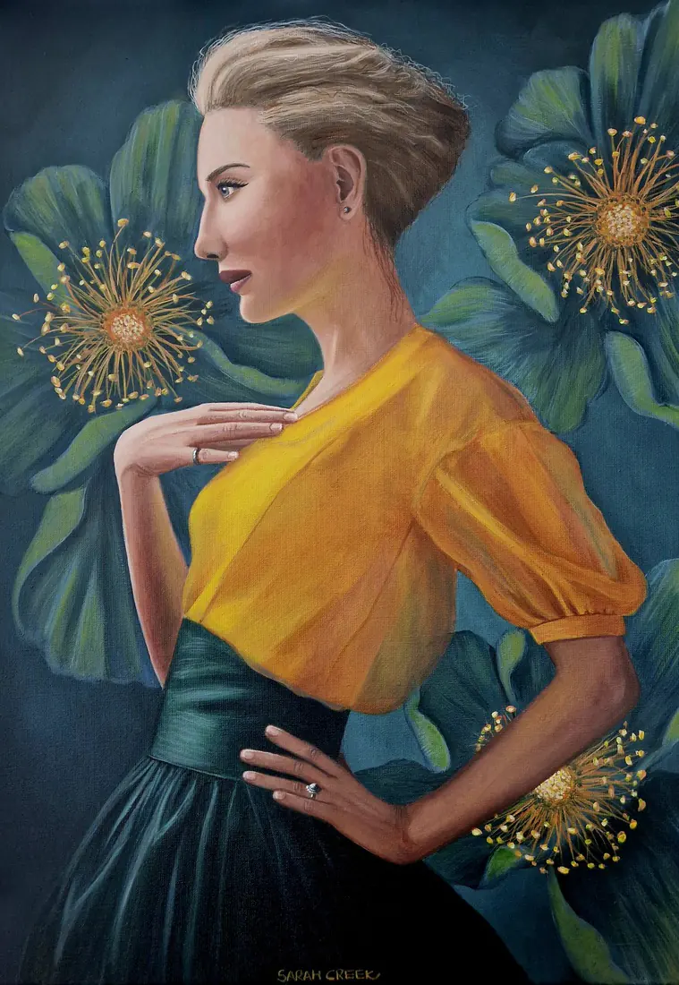 Lady in yellow, Portrait art yellow acrylic passion