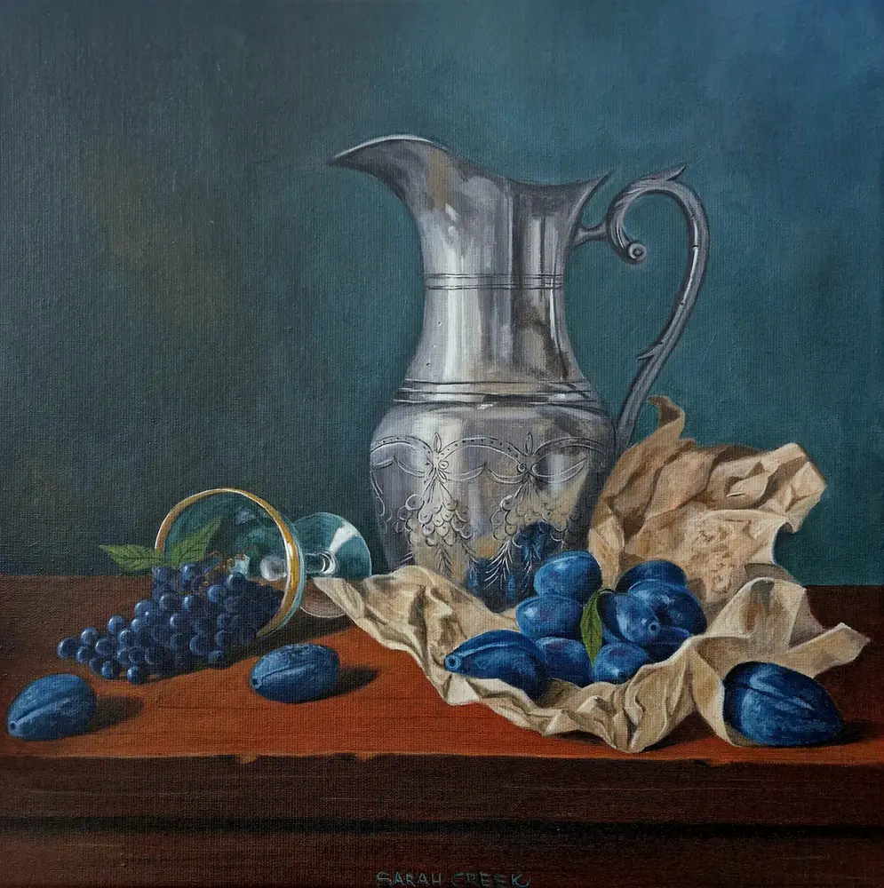 Tin carafe with fruit, Stilleven met fruit