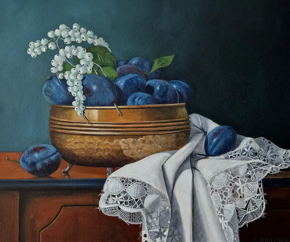 Plums in copper bowl, Still life with plums in a floating frame