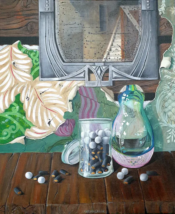 Dropjespot van Dick, Still life with Philips jubilee vase and liquorice jar in an old house. Frame included