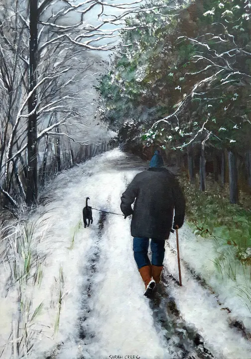 Langs het bospad van mijn vader, Snowy landscape with a man walking his dog