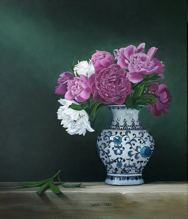 Paarse pioenrozen, Still life with purple peonies