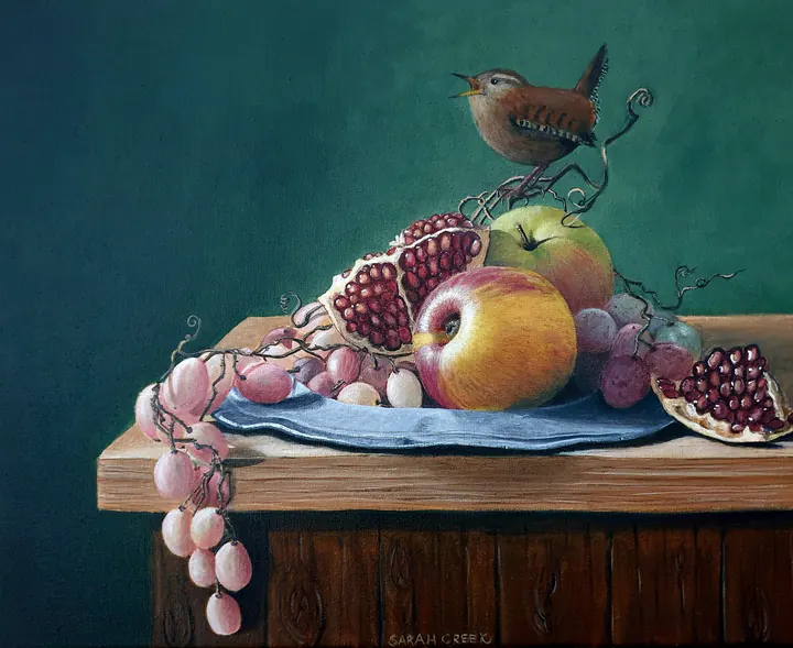 Winterkoninkje, Still life with fruit and a wren