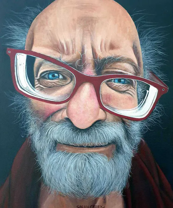 The red glasses, Elderly man with red glasses
