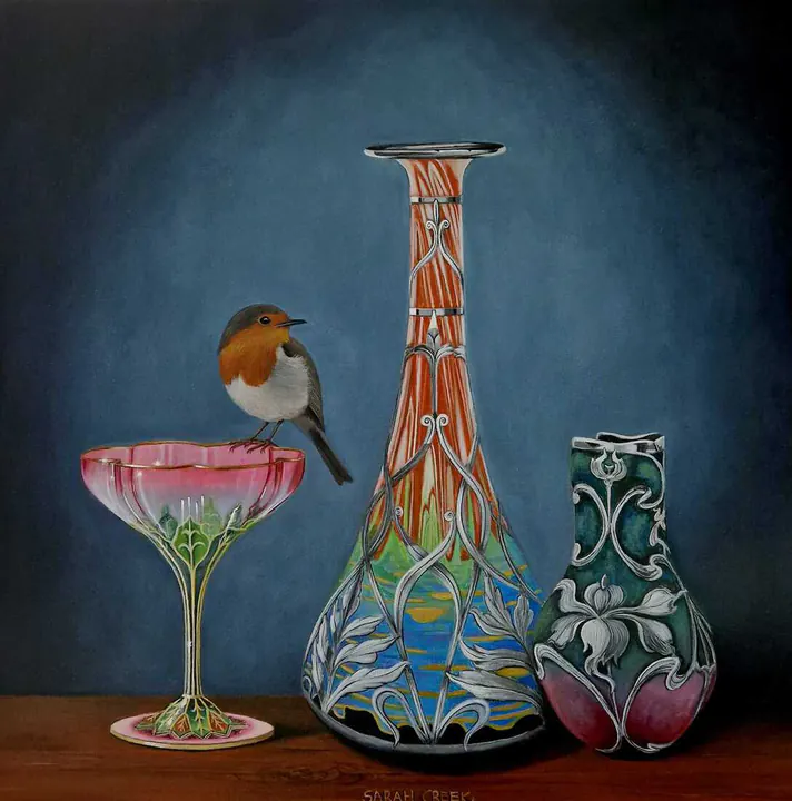 Art Nouveau tableau, Still life with robin