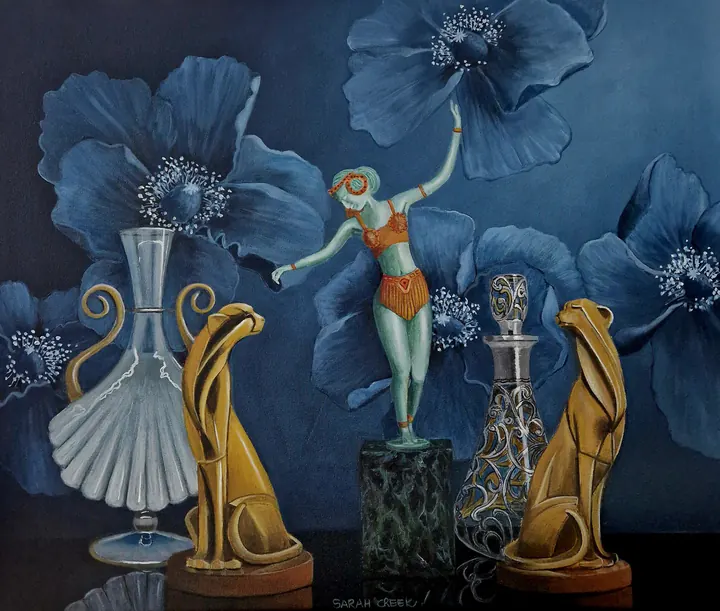 Dancing the blue poppy, Still life with dancing girl