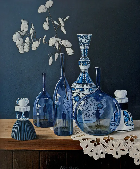 Hide and Seek, Still life with glass and Delft blue