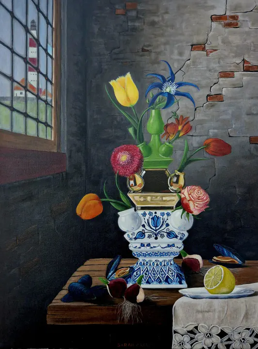Lighthouse castle, Still life with tulip vase in a floating frame