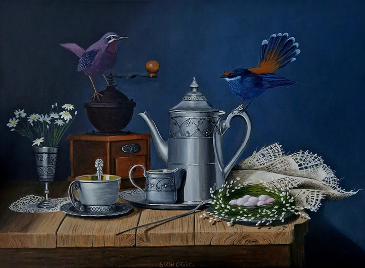 Spring coffee, Still life with coffee pot, including a grey/blue floating frame.