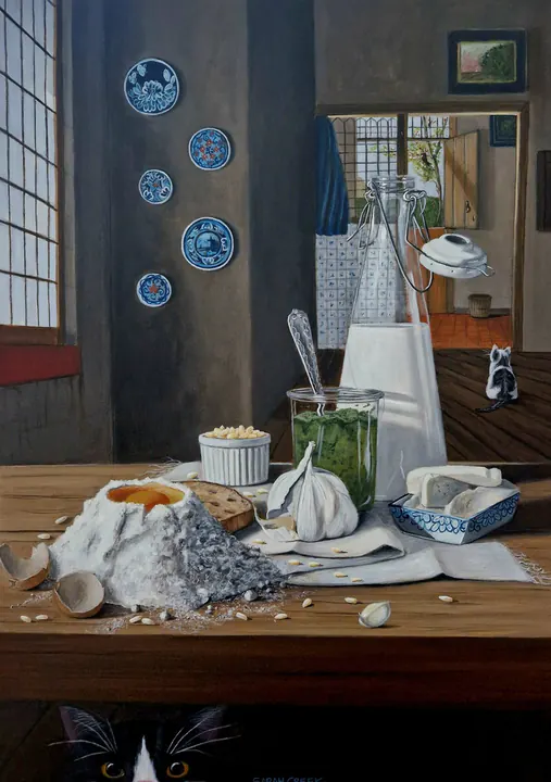 Pasta from Holland, Still life with pasta ingredients, inspired by Vermeer. Awarded third prize at the Zwolse Vermeer, organised by Busch en van der Worp.