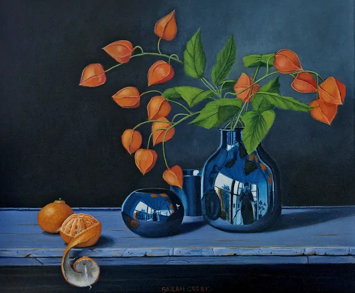 Chinese Lanternplant, Still life with blue glass