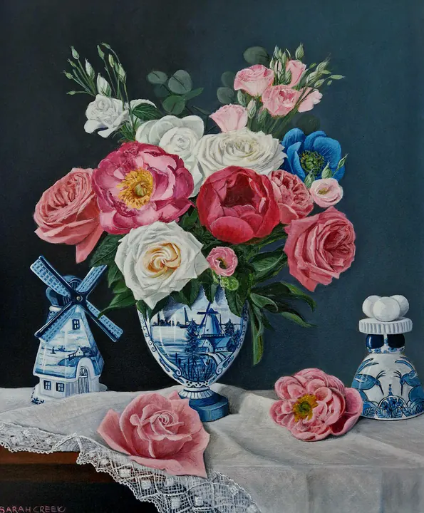Flowers from Holland, Delft blue vase with peonies