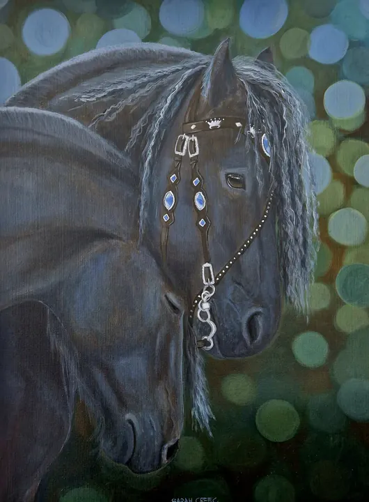 Tenderness, Friesian horses in a fairytale setting. With a black floating frame